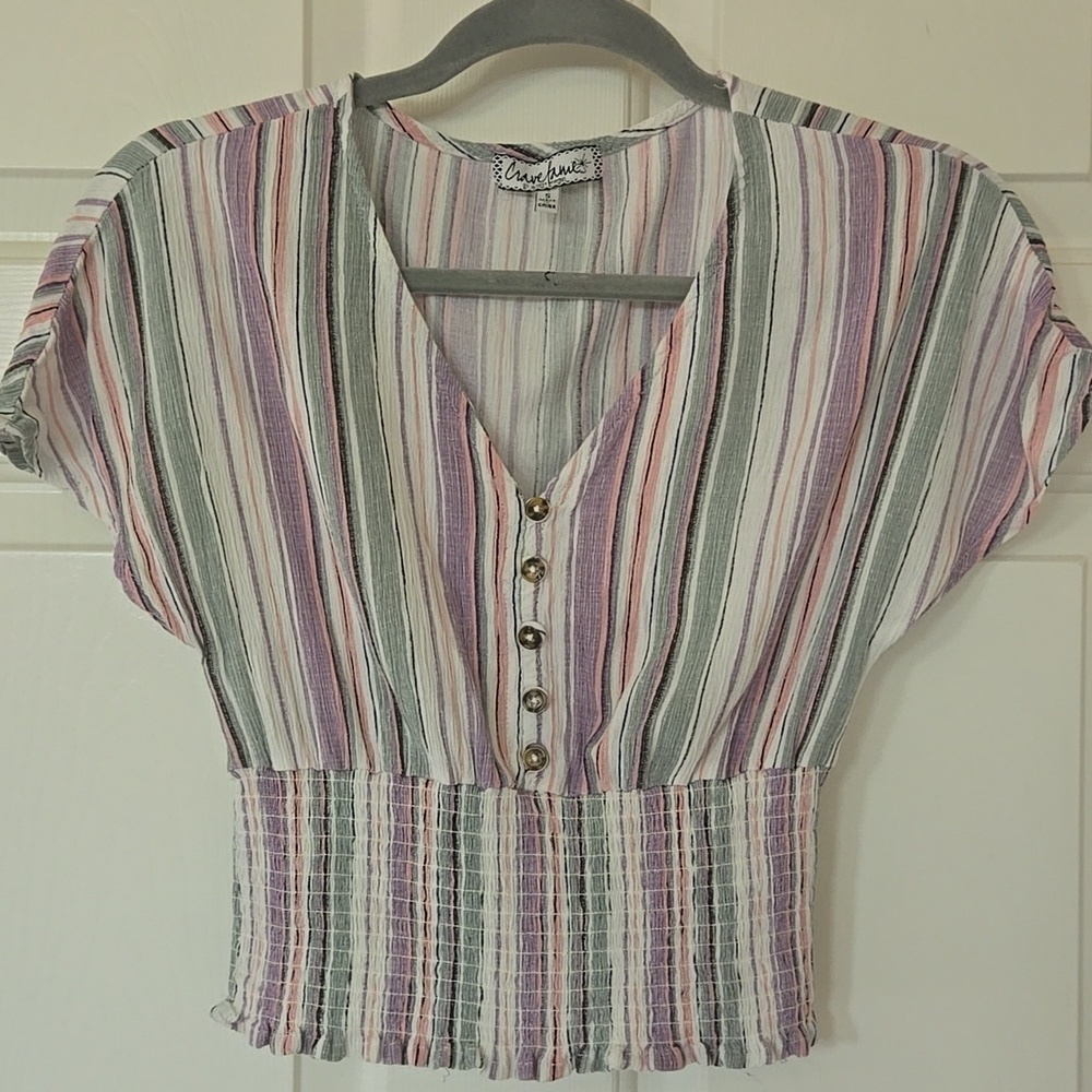 Striped V-Neck Buttoned Women's Top